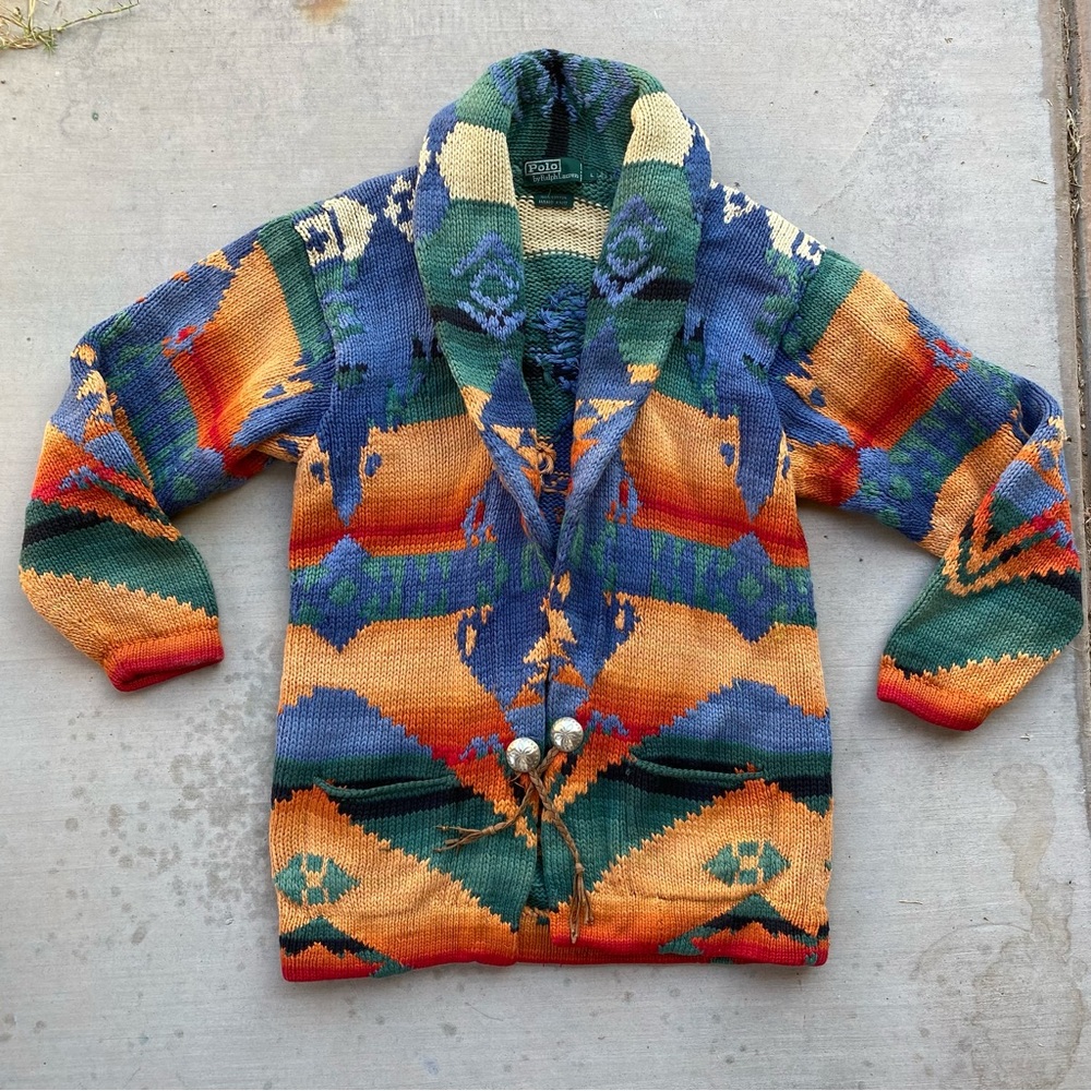 Vintage Polo Ralph Lauren hand knit native southwest blanket concho sweater L